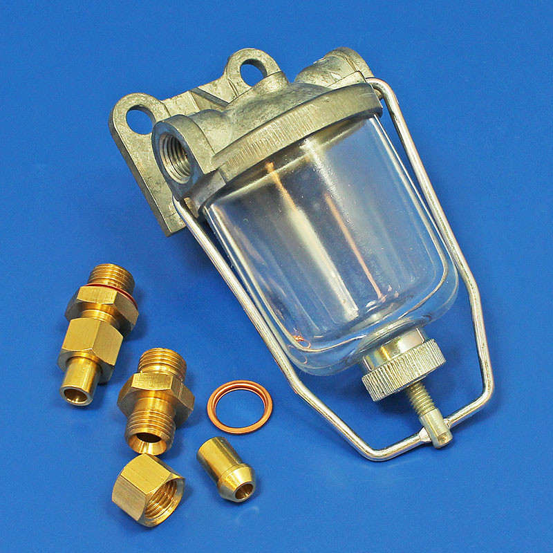 Glass bowl fuel filter - In line, 1/2 UNF female or solder nipples for  1/4 or 5/16 OD pipe